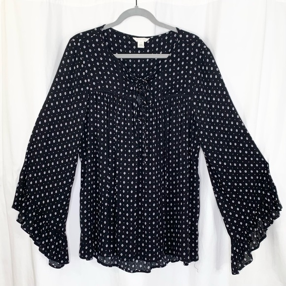 CASLON Womens Peasant Blouse Plus Size S Crochet Lace Inserts Black White Blue - Picture 1 of 8